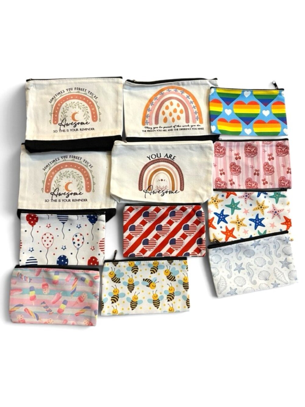 Lot of 12 Canvas Cosmetic Cases Inspirational Travel Toiletry Zippered Pouch New